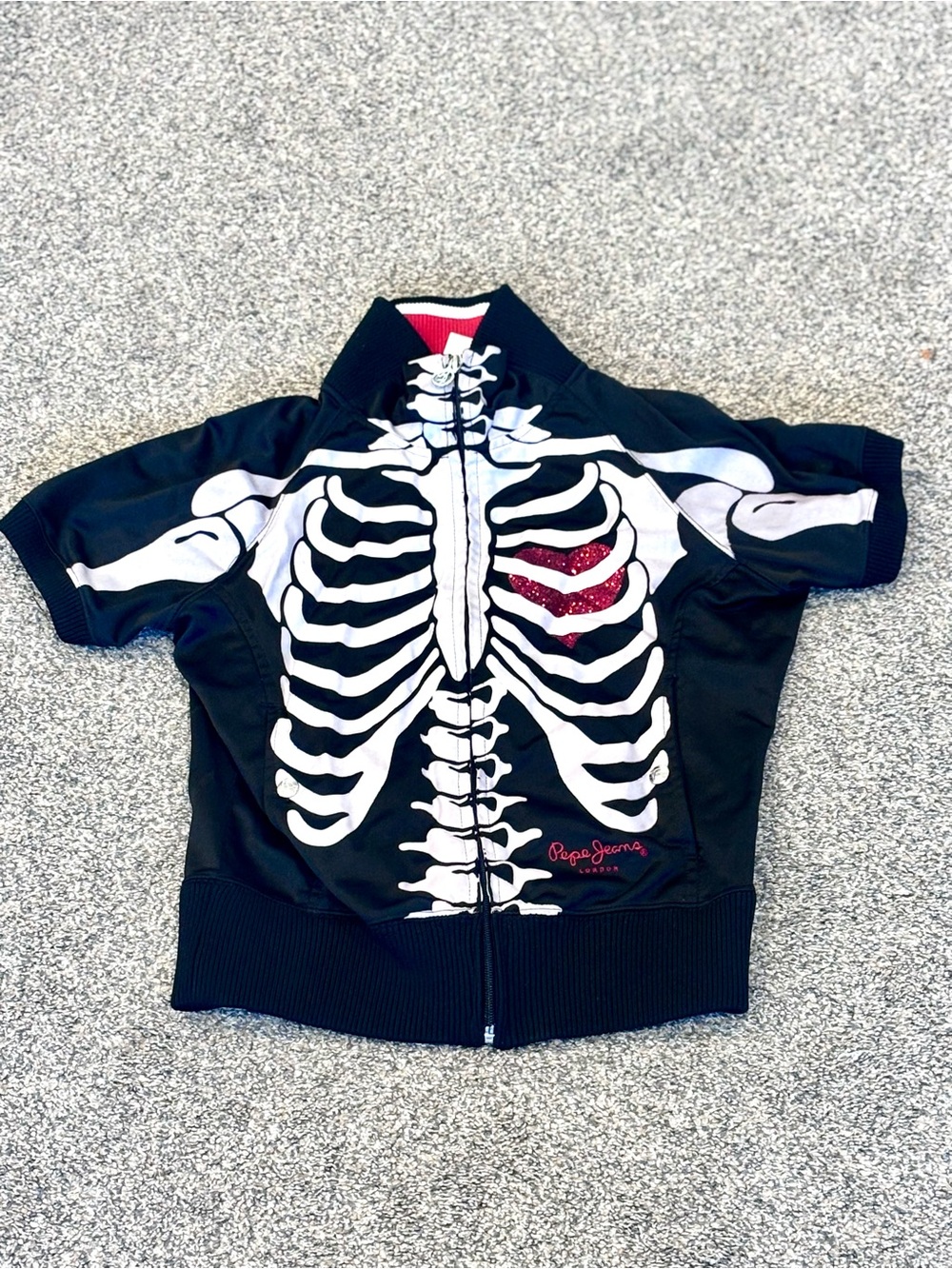 VINTAGE Pepe Jeans Women's Skeleton Short Sleeve Zip Jacket Black White Red M